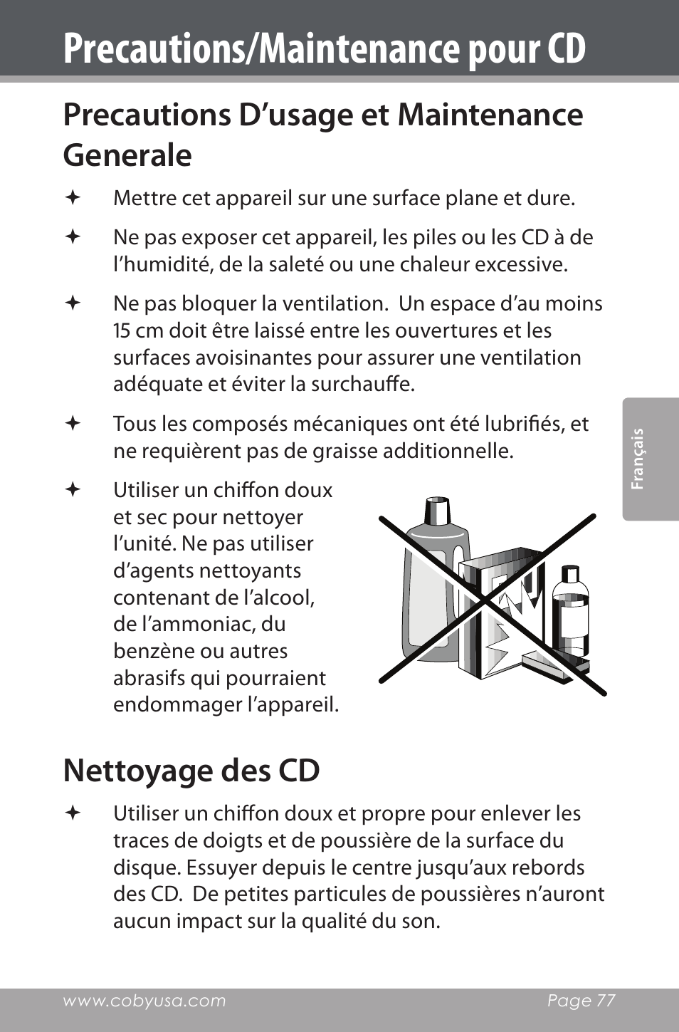 Precautions/maintenance pour cd, Precautions d’usage et maintenance generale, Nettoyage des cd | COBY electronic CSMP142 User Manual | Page 77 / 88