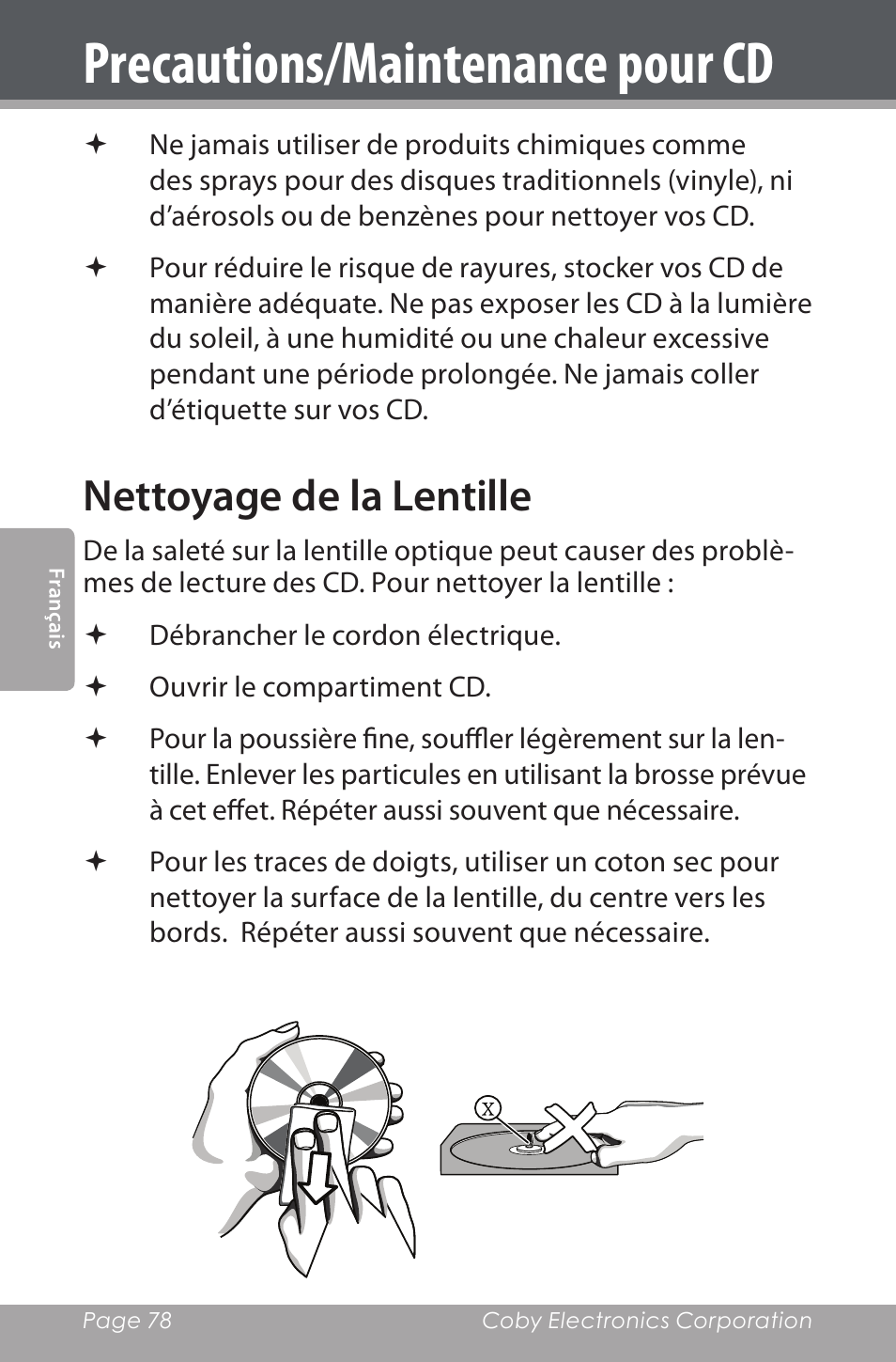 Nettoyage de la lentille, Precautions/maintenance pour cd | COBY electronic CSMP142 User Manual | Page 78 / 88