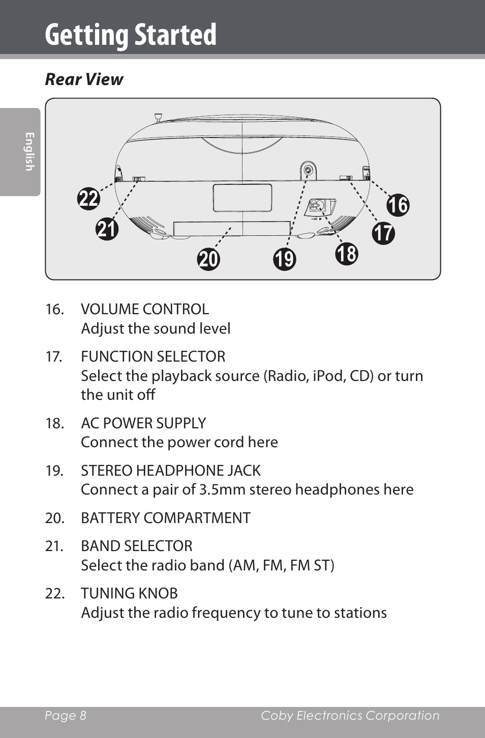 Rear view, Getting started | COBY electronic CSMP142 User Manual | Page 8 / 88
