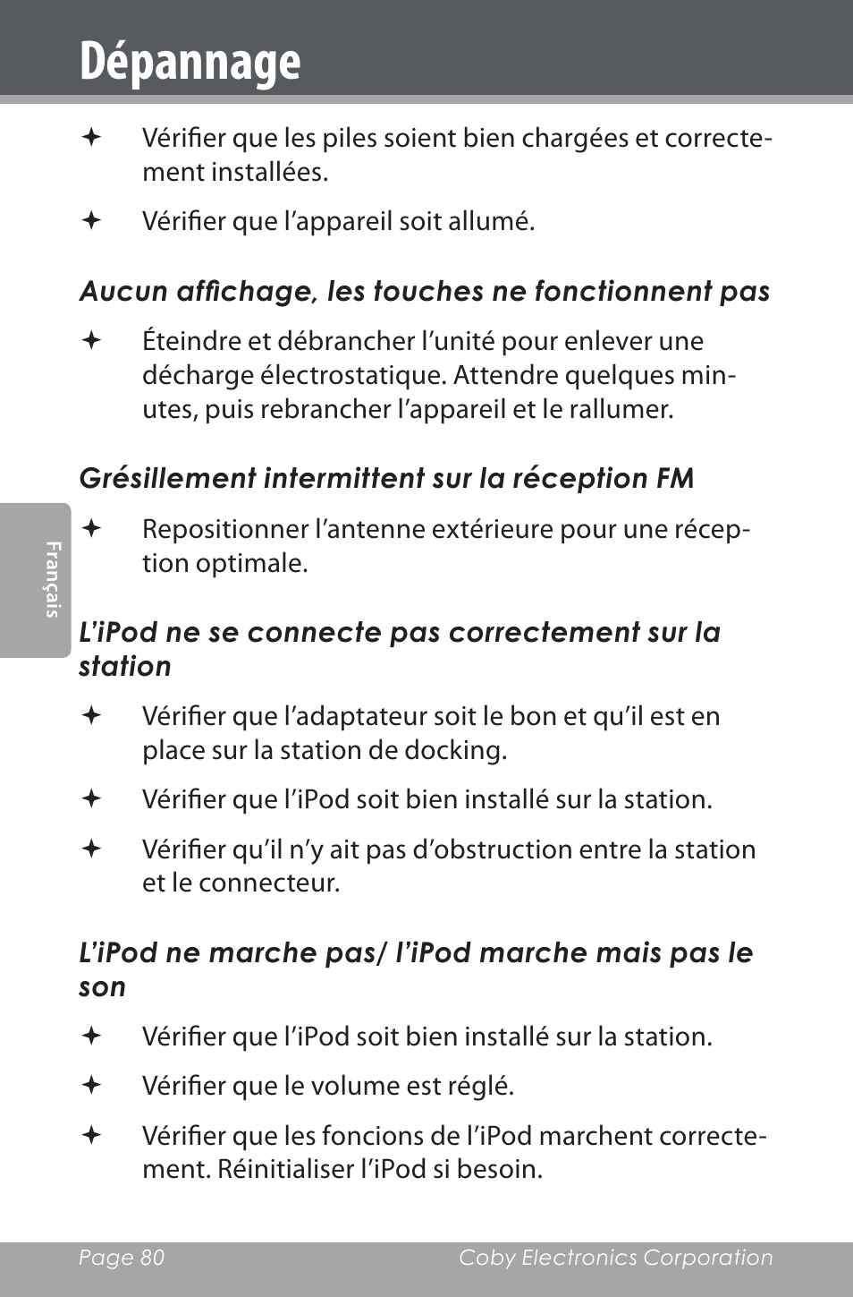 Dépannage | COBY electronic CSMP142 User Manual | Page 80 / 88