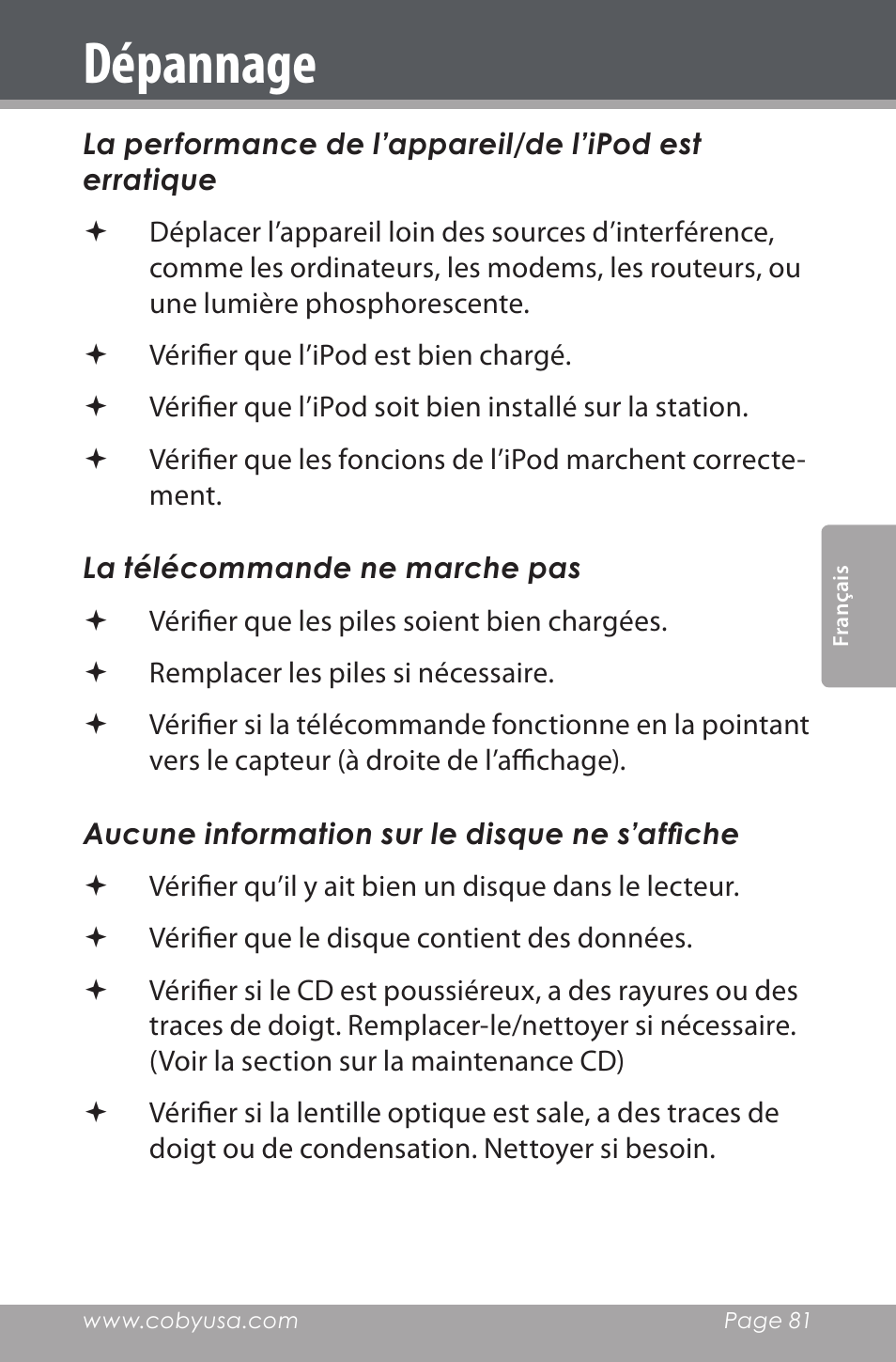 Dépannage | COBY electronic CSMP142 User Manual | Page 81 / 88