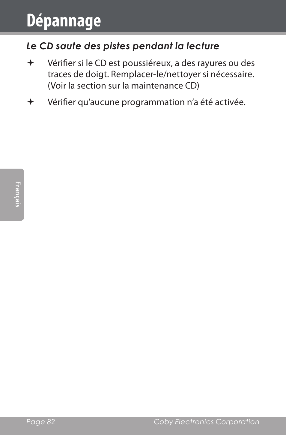 Dépannage | COBY electronic CSMP142 User Manual | Page 82 / 88