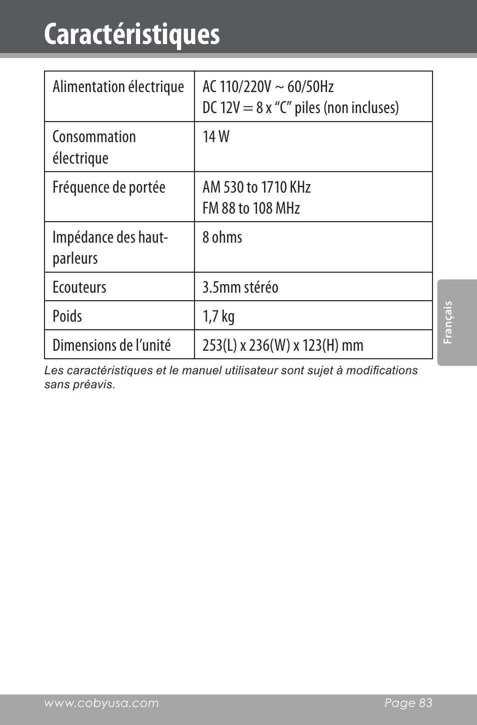 Caractéristiques | COBY electronic CSMP142 User Manual | Page 83 / 88