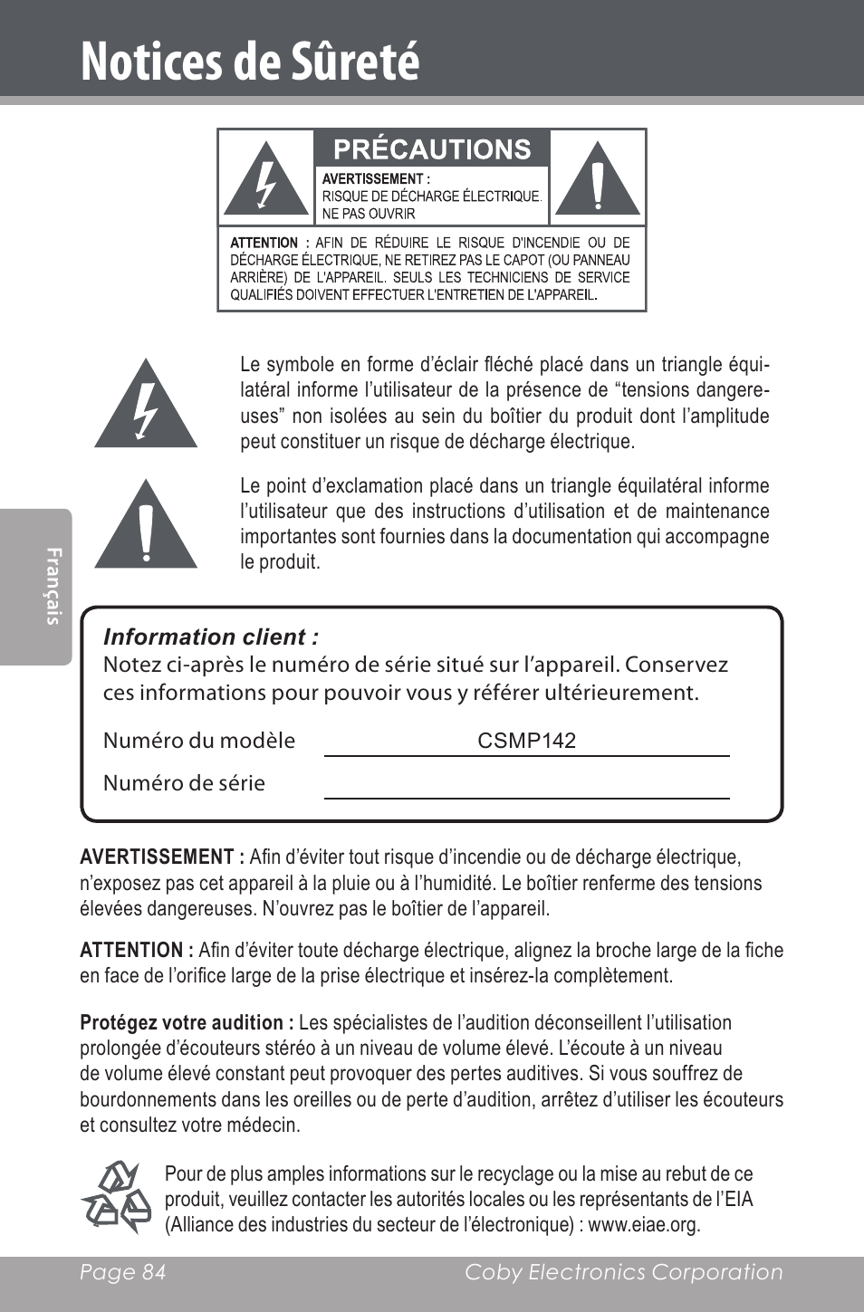 Notices de sûreté | COBY electronic CSMP142 User Manual | Page 84 / 88