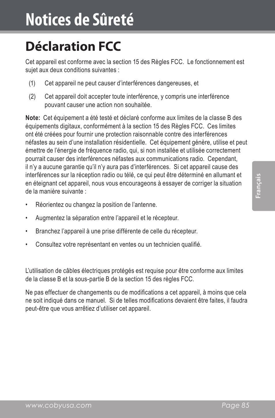 Notices de sûreté, Déclaration fcc | COBY electronic CSMP142 User Manual | Page 85 / 88