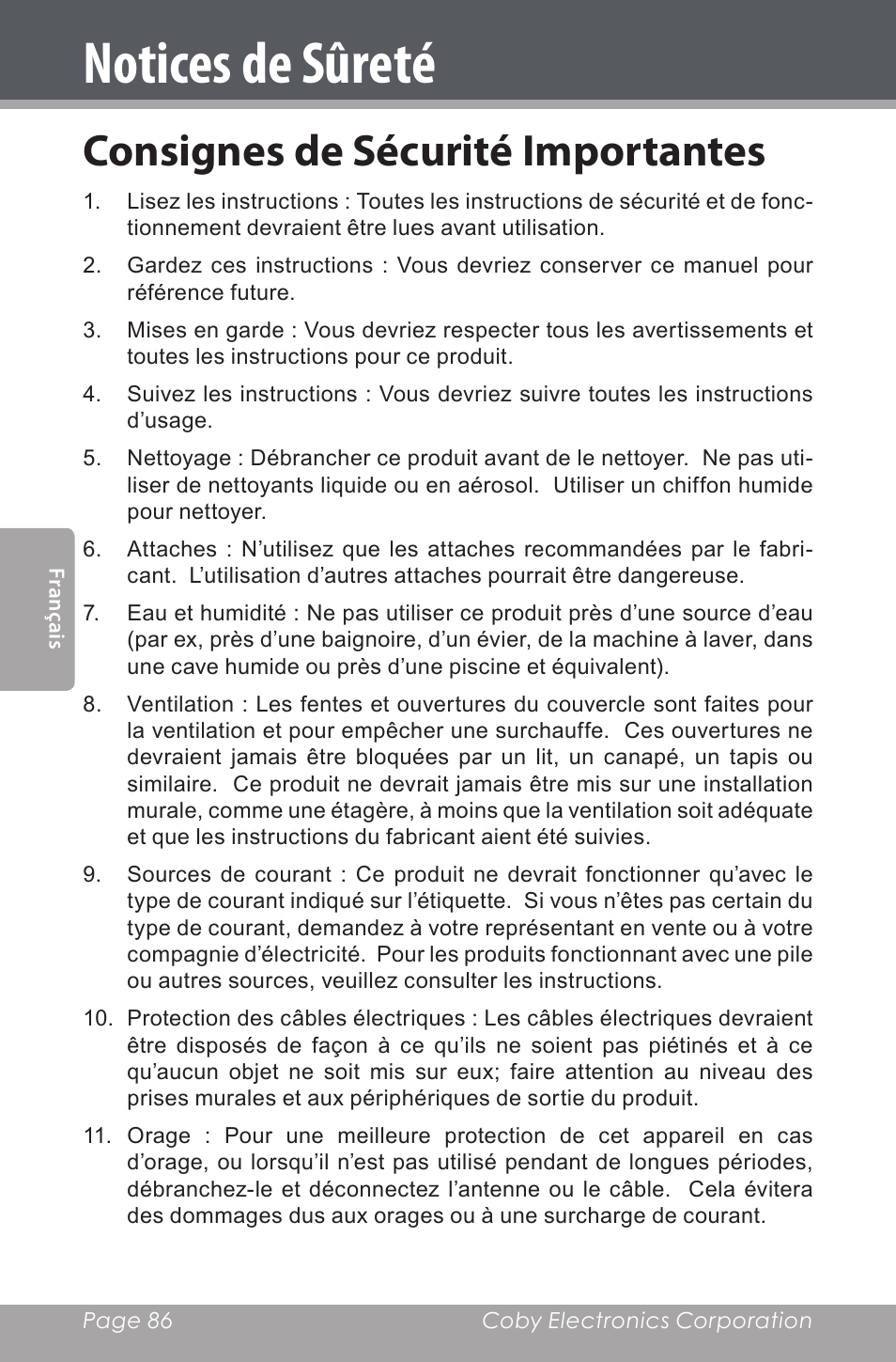 Notices de sûreté, Consignes de sécurité importantes | COBY electronic CSMP142 User Manual | Page 86 / 88