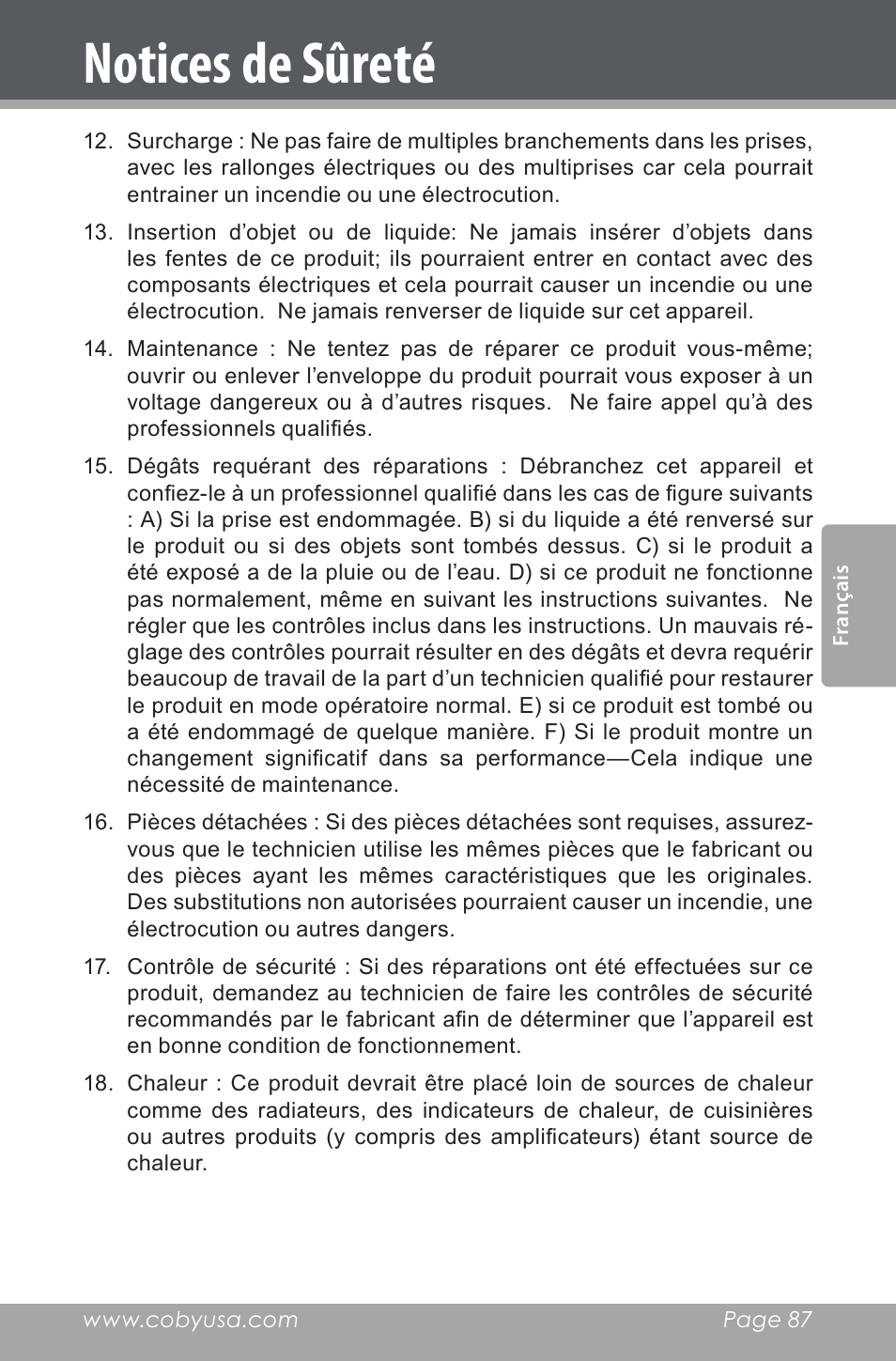 Notices de sûreté | COBY electronic CSMP142 User Manual | Page 87 / 88
