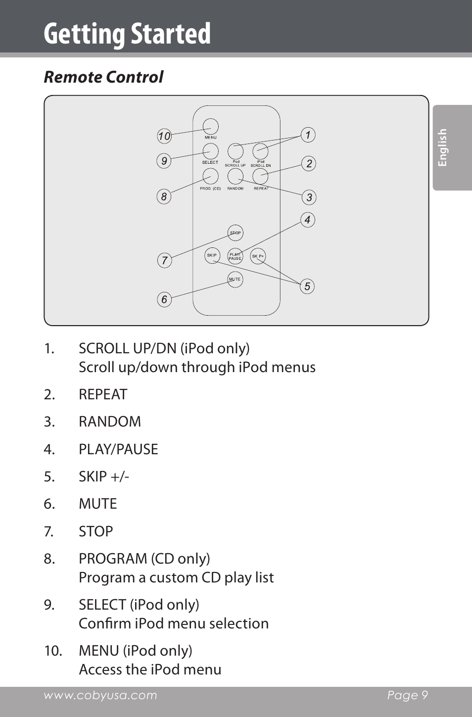 Remote control, Getting started | COBY electronic CSMP142 User Manual | Page 9 / 88