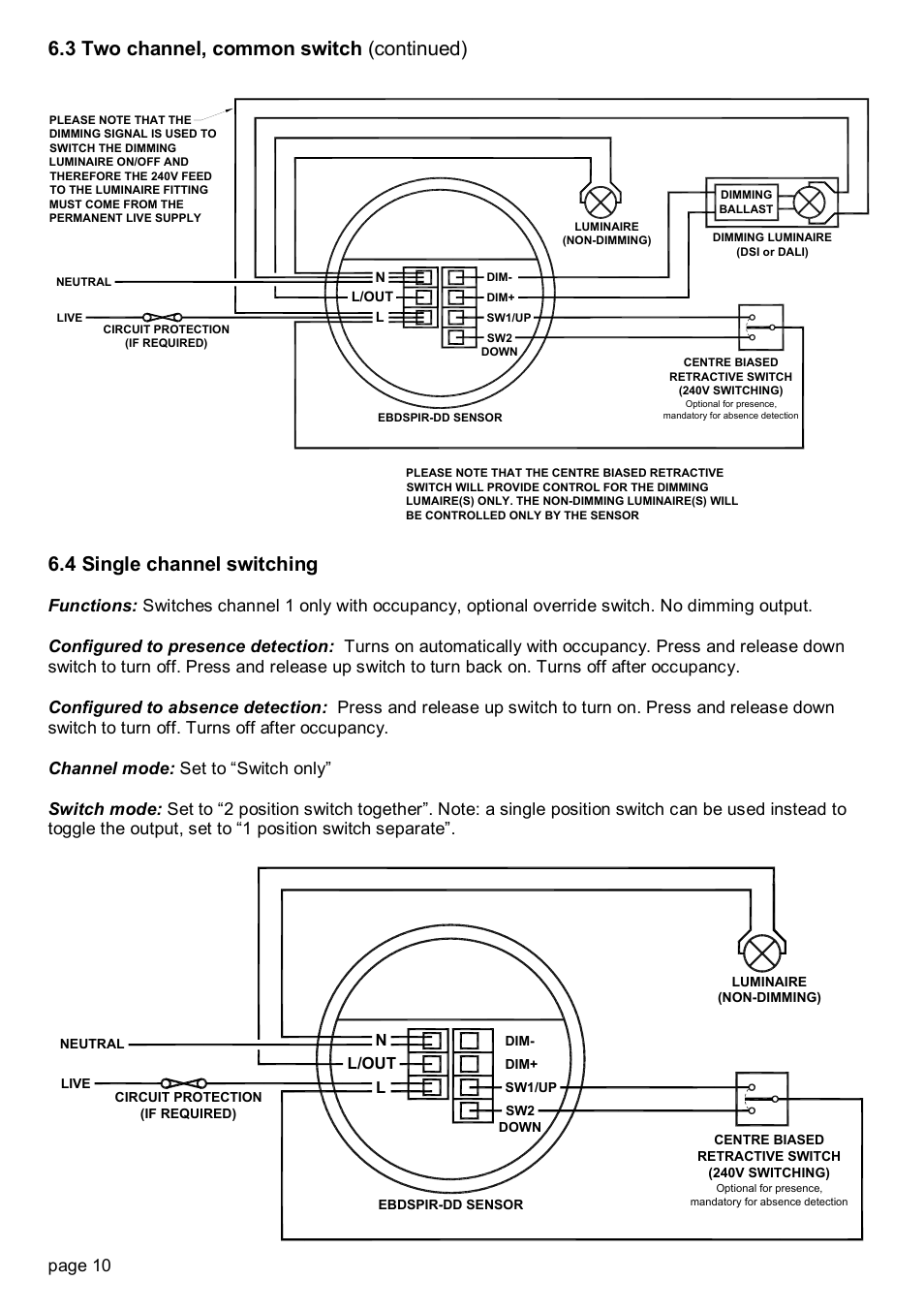 4 single channel switching, 3 two channel, common switch (continued), Page 10 | L/out l n | CP Electronics EBDSPIR-DD User Manual | Page 10 / 12