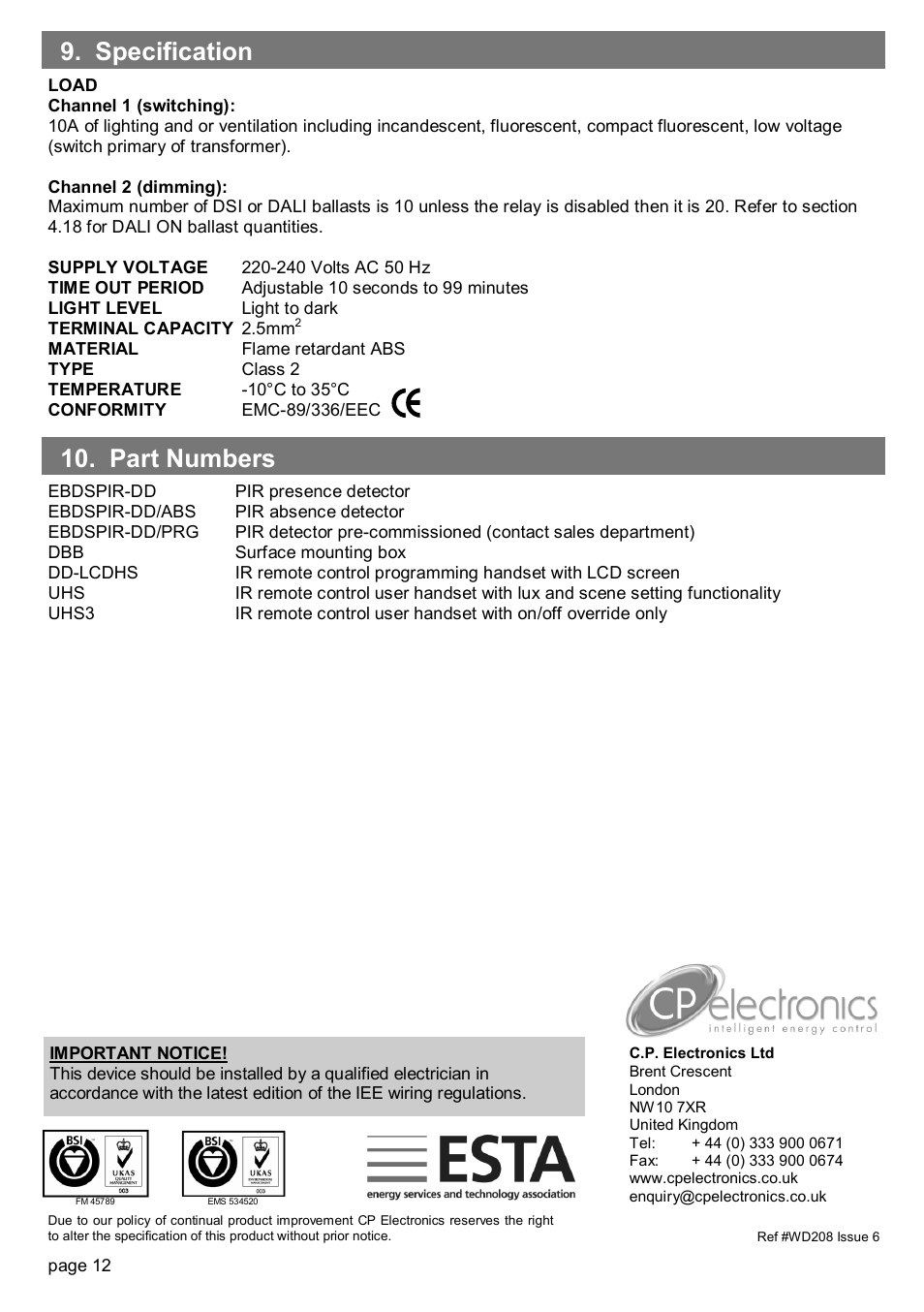 Part numbers 9. specification | CP Electronics EBDSPIR-DD User Manual | Page 12 / 12