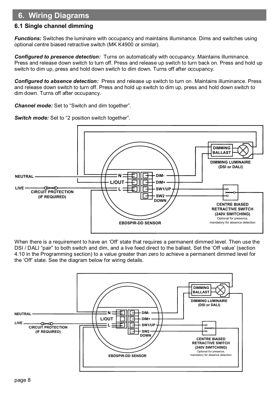 Wiring diagrams, 1 single channel dimming, Page 8 | CP Electronics EBDSPIR-DD User Manual | Page 8 / 12