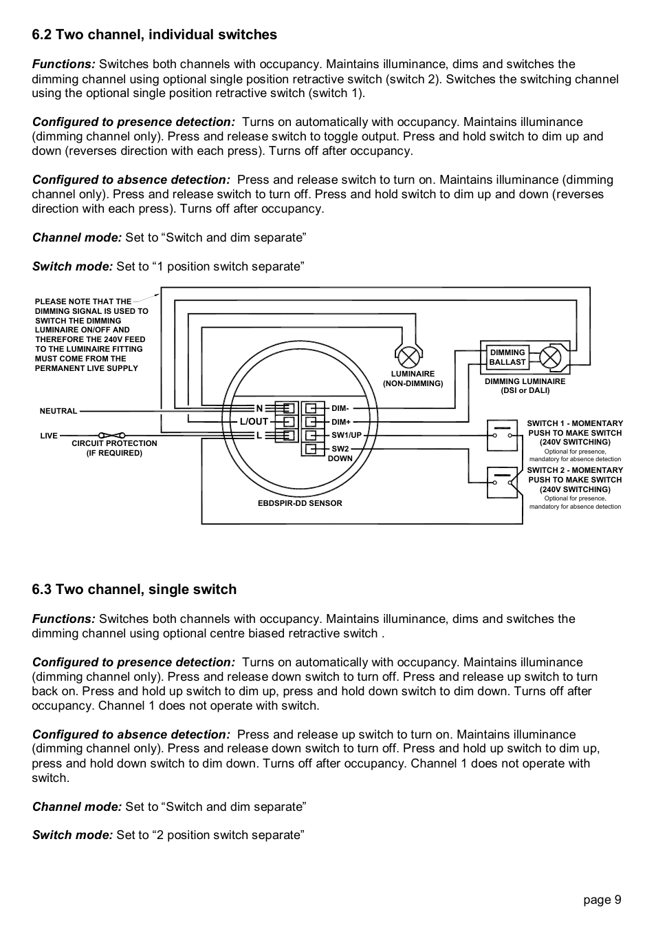 2 two channel, individual switches, 3 two channel, single switch, Page 9 | CP Electronics EBDSPIR-DD User Manual | Page 9 / 12