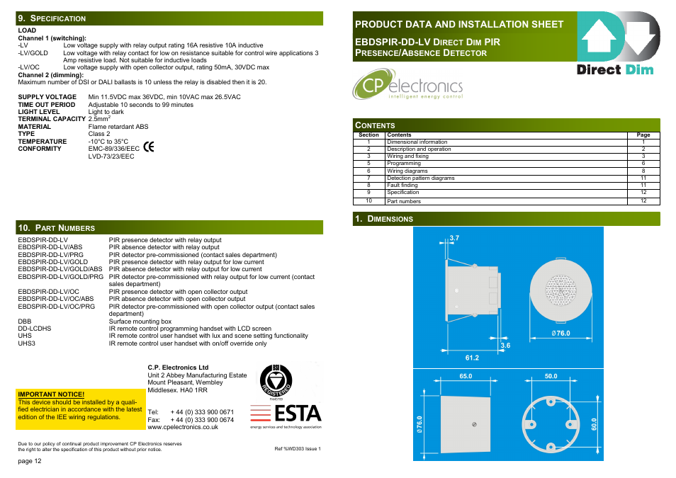 CP Electronics EBDSPIR-DD-LV User Manual | 6 pages