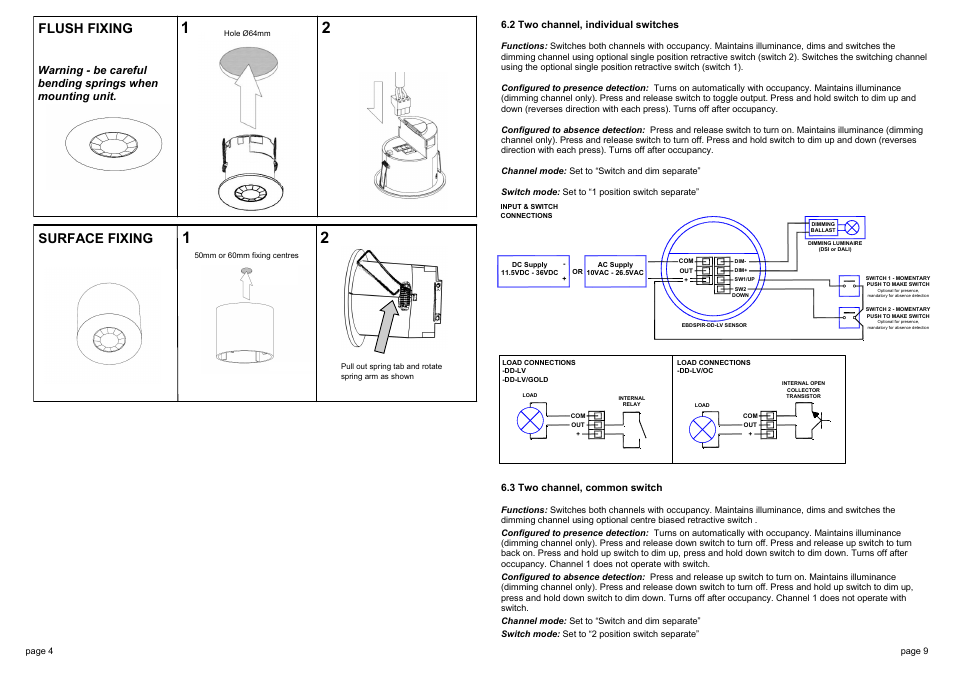 Flush fixing surface fixing, 2 two channel, individual switches, 3 two channel, common switch | 4 single channel switching | CP Electronics EBDSPIR-DD-LV User Manual | Page 4 / 6