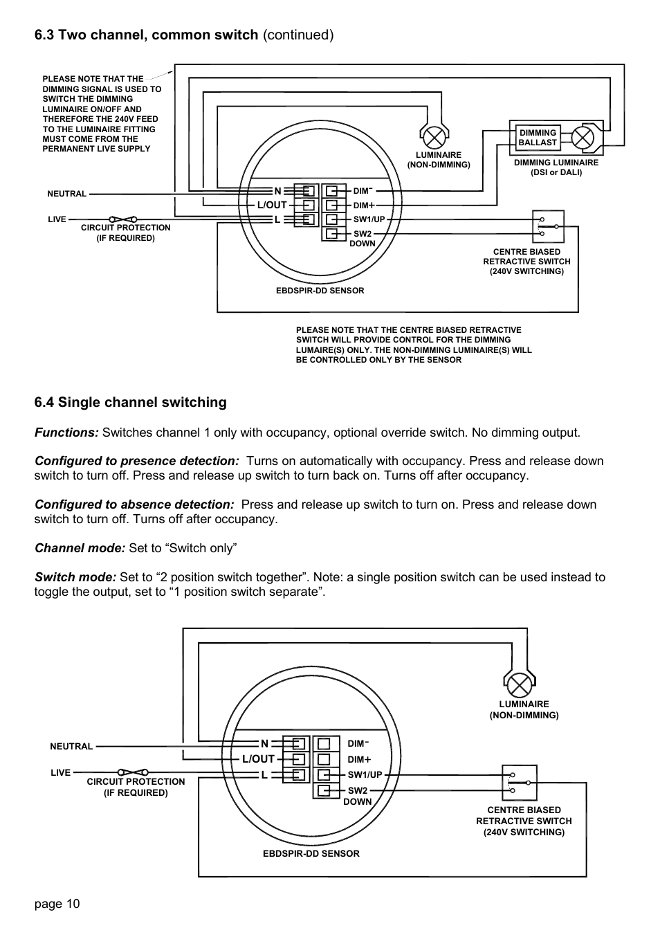 2 two channel, individual switches, 3 two channel, common switch, 1 single channel dimming | 4 single channel switching, 3 two channel, common switch (continued), Page 10 | CP Electronics EBDSPIR-HB-DD User Manual | Page 10 / 12
