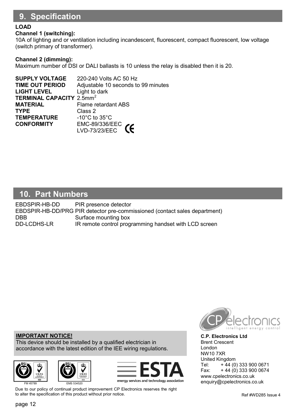 Part numbers 9. specification | CP Electronics EBDSPIR-HB-DD User Manual | Page 12 / 12