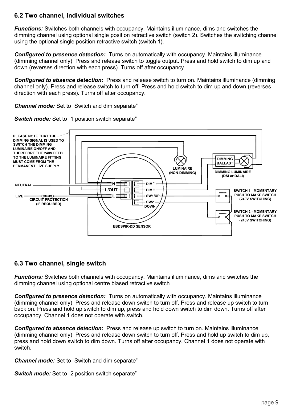 3 two channel, common switch, 1 single channel dimming, 4 single channel switching | 2 two channel, individual switches, 3 two channel, single switch, Page 9 | CP Electronics EBDSPIR-HB-DD User Manual | Page 9 / 12