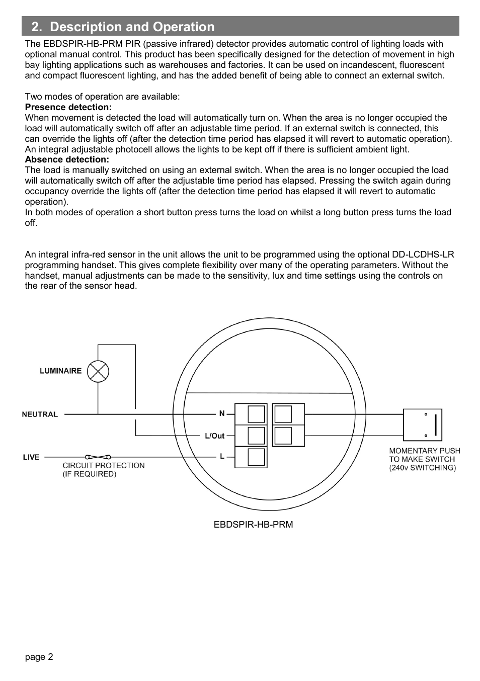 Description and operation | CP Electronics EBDSPIR-HB-PRM User Manual | Page 2 / 8