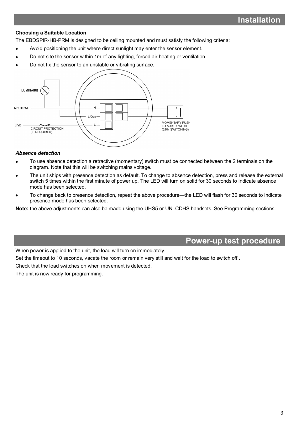 Installation, Power-up test procedure | CP Electronics EBDSPIR-HB-PRM User Manual | Page 3 / 8