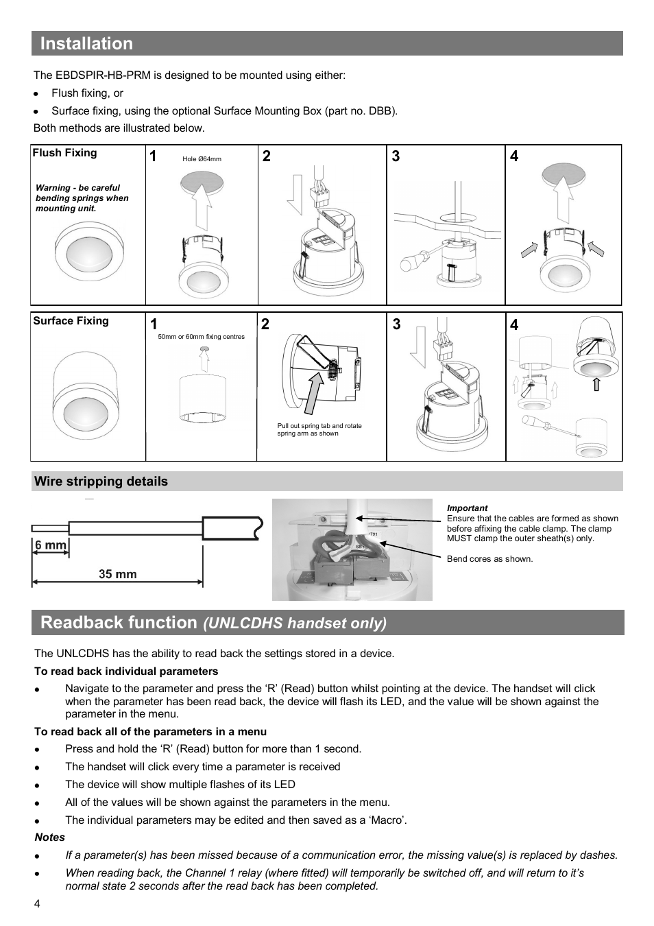 Installation, Readback function, Unlcdhs handset only) | CP Electronics EBDSPIR-HB-PRM User Manual | Page 4 / 8