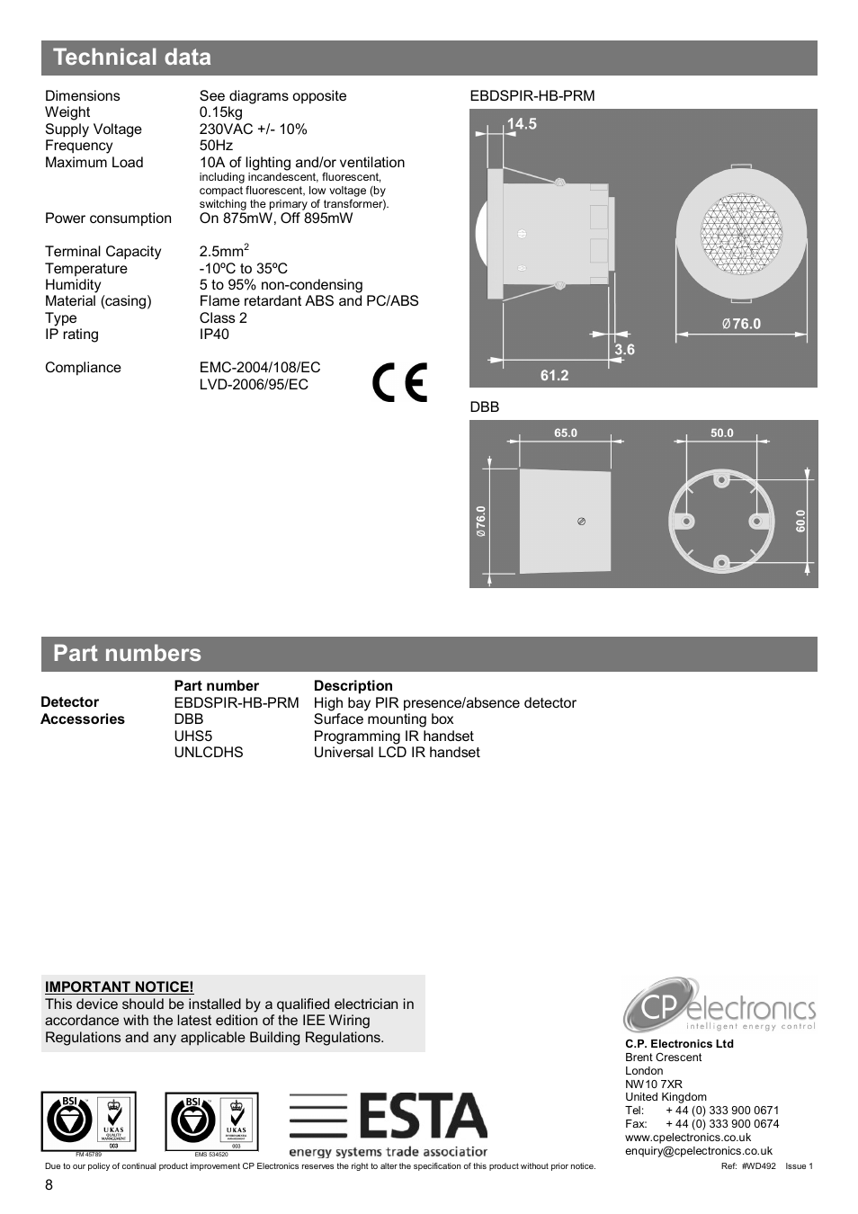 Technical data part numbers | CP Electronics EBDSPIR-HB-PRM User Manual | Page 8 / 8