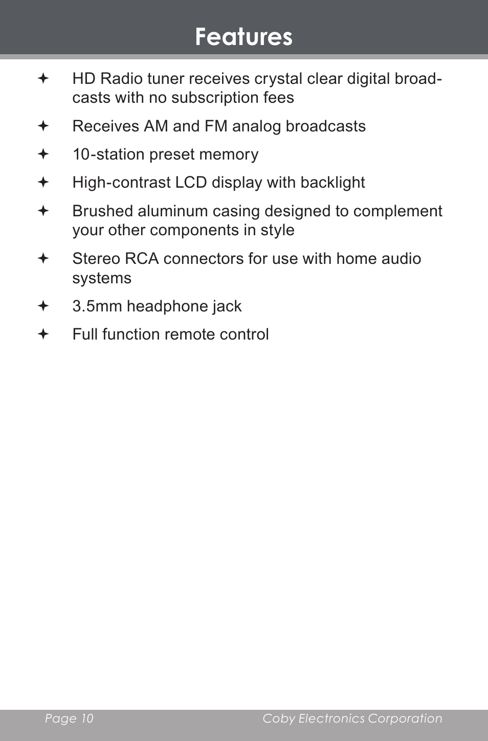 Features | COBY electronic HDR-650 User Manual | Page 10 / 28