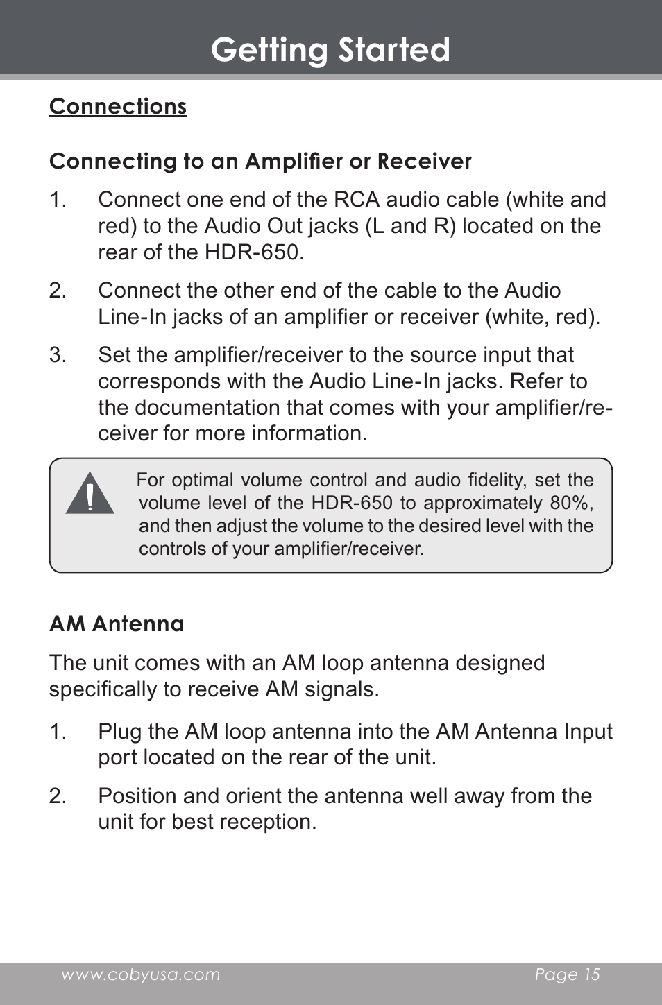 Connections, Connecting to an amplifier or receiver, Am antenna | Getting started | COBY electronic HDR-650 User Manual | Page 15 / 28