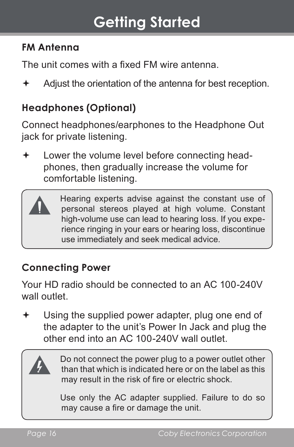 Fm antenna, Headphones (optional), Connecting power | Getting started | COBY electronic HDR-650 User Manual | Page 16 / 28