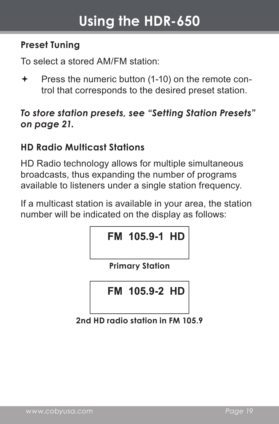 Preset tuning, Hd radio multicast stations, Using the hdr-650 | COBY electronic HDR-650 User Manual | Page 19 / 28
