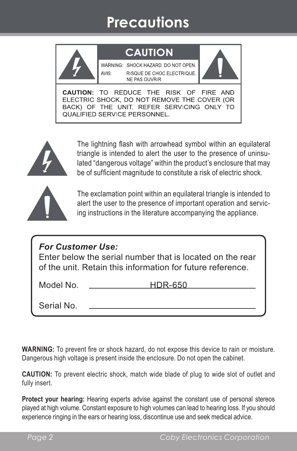 Precautions | COBY electronic HDR-650 User Manual | Page 2 / 28