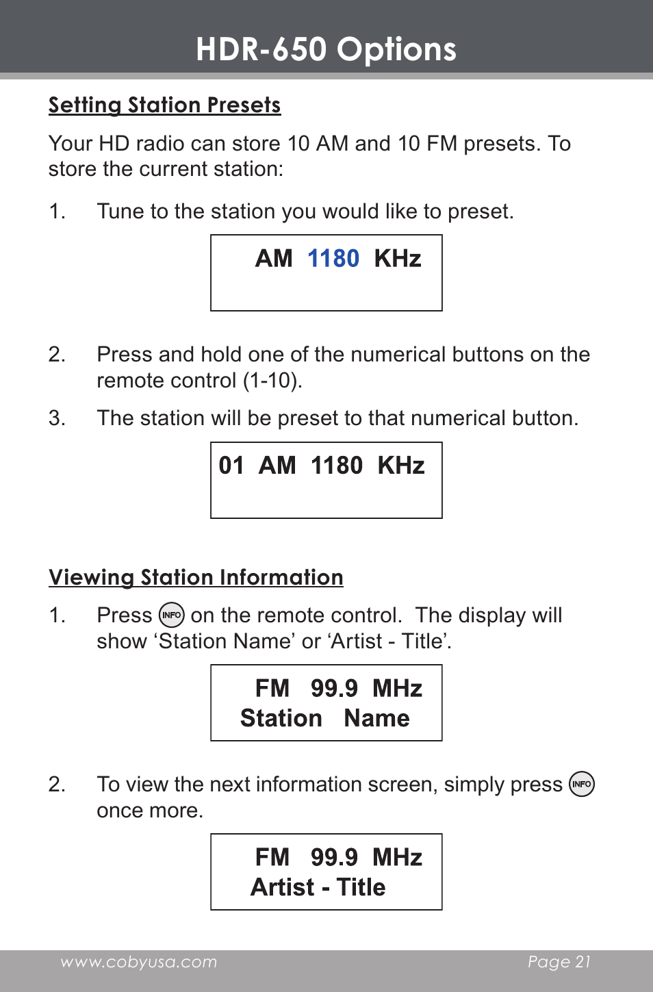 Hdr-650 options, Setting station presets, Viewing station information | COBY electronic HDR-650 User Manual | Page 21 / 28