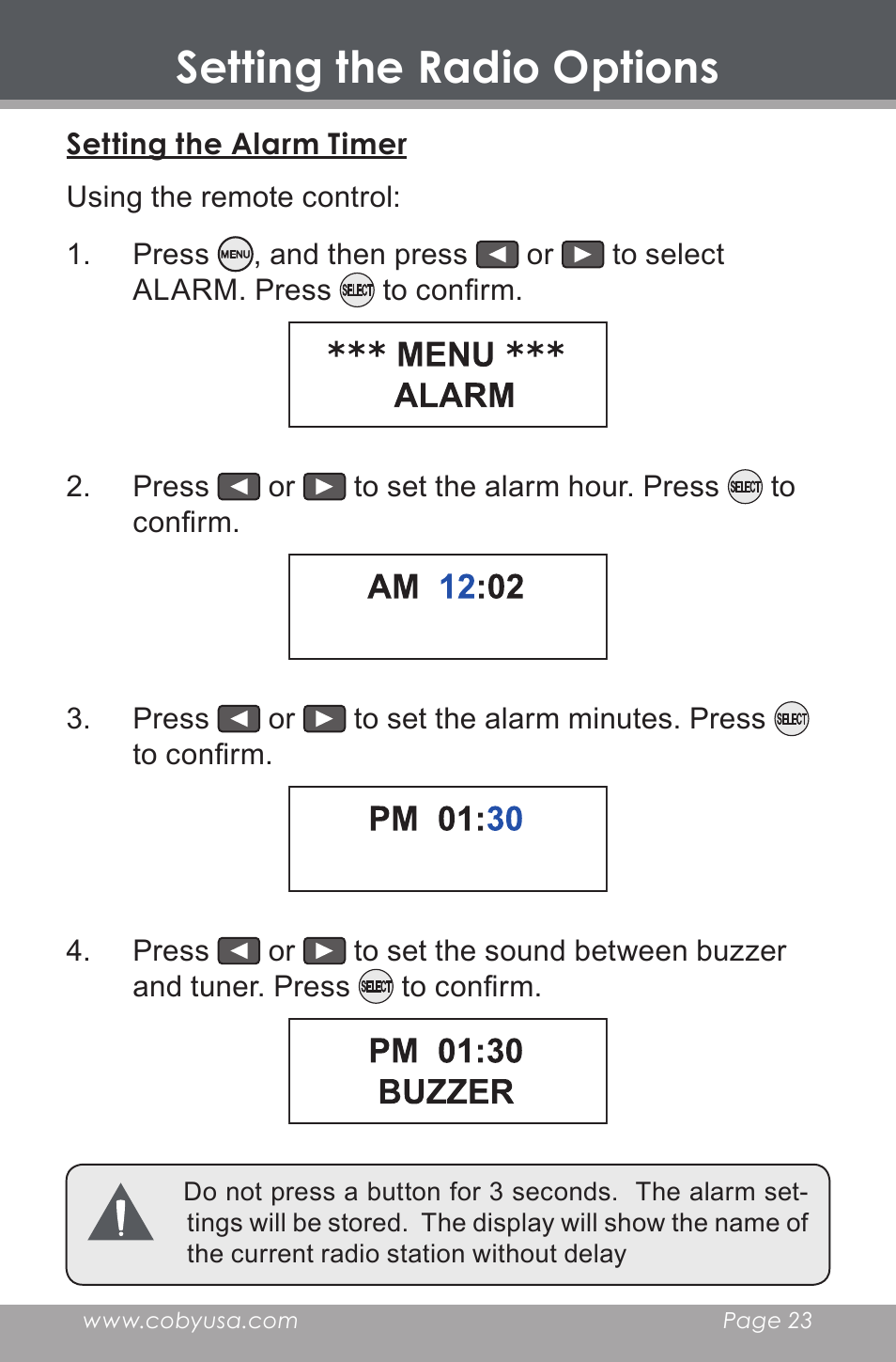 Setting the radio options | COBY electronic HDR-650 User Manual | Page 23 / 28