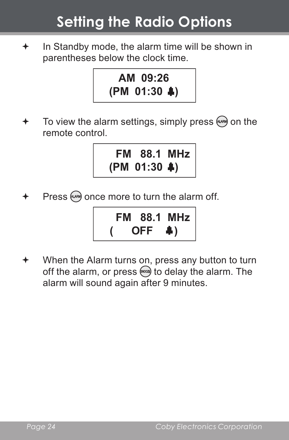 Setting the radio options | COBY electronic HDR-650 User Manual | Page 24 / 28
