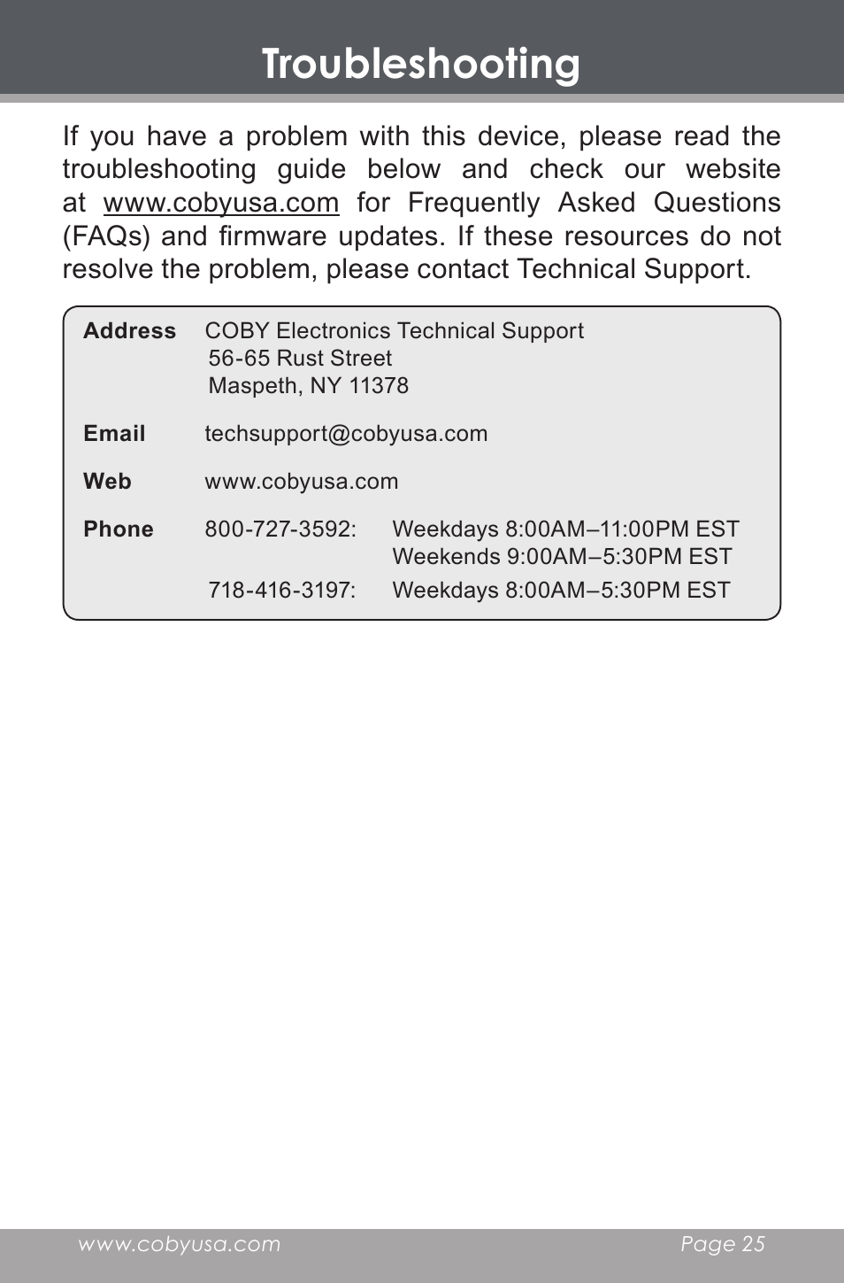 Troubleshooting | COBY electronic HDR-650 User Manual | Page 25 / 28