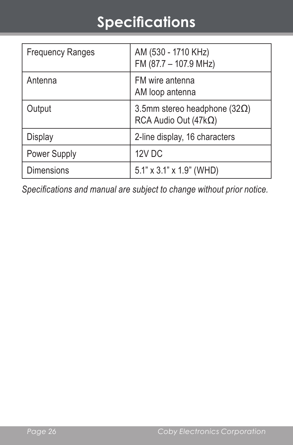 Specifications | COBY electronic HDR-650 User Manual | Page 26 / 28