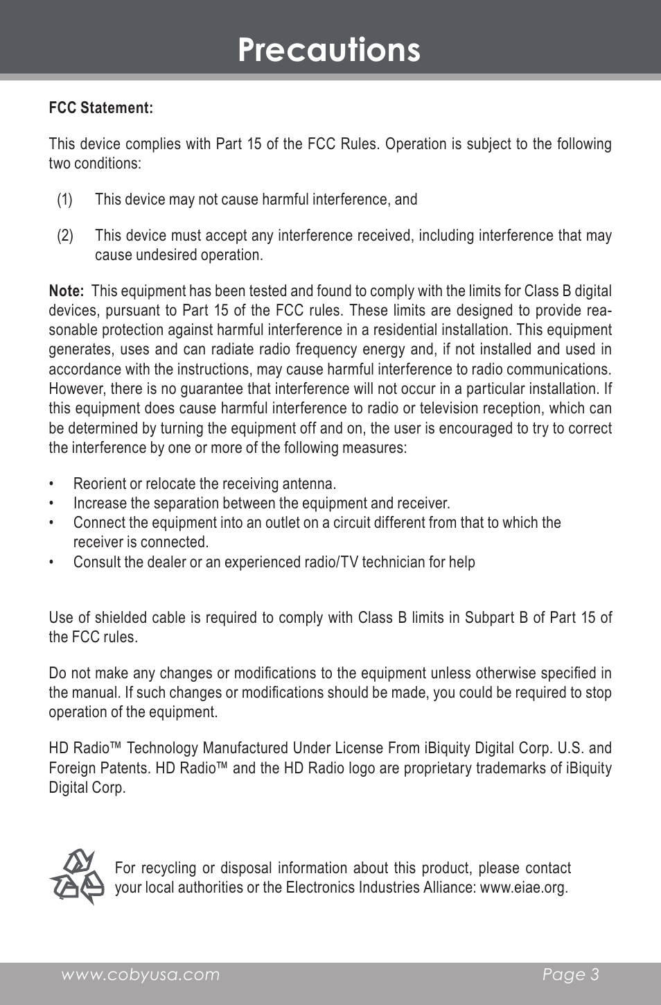 Precautions | COBY electronic HDR-650 User Manual | Page 3 / 28