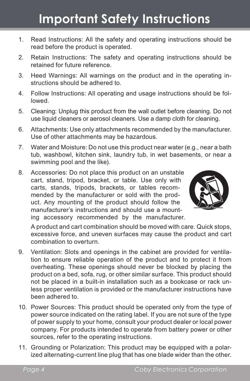 Important safety instructions | COBY electronic HDR-650 User Manual | Page 4 / 28