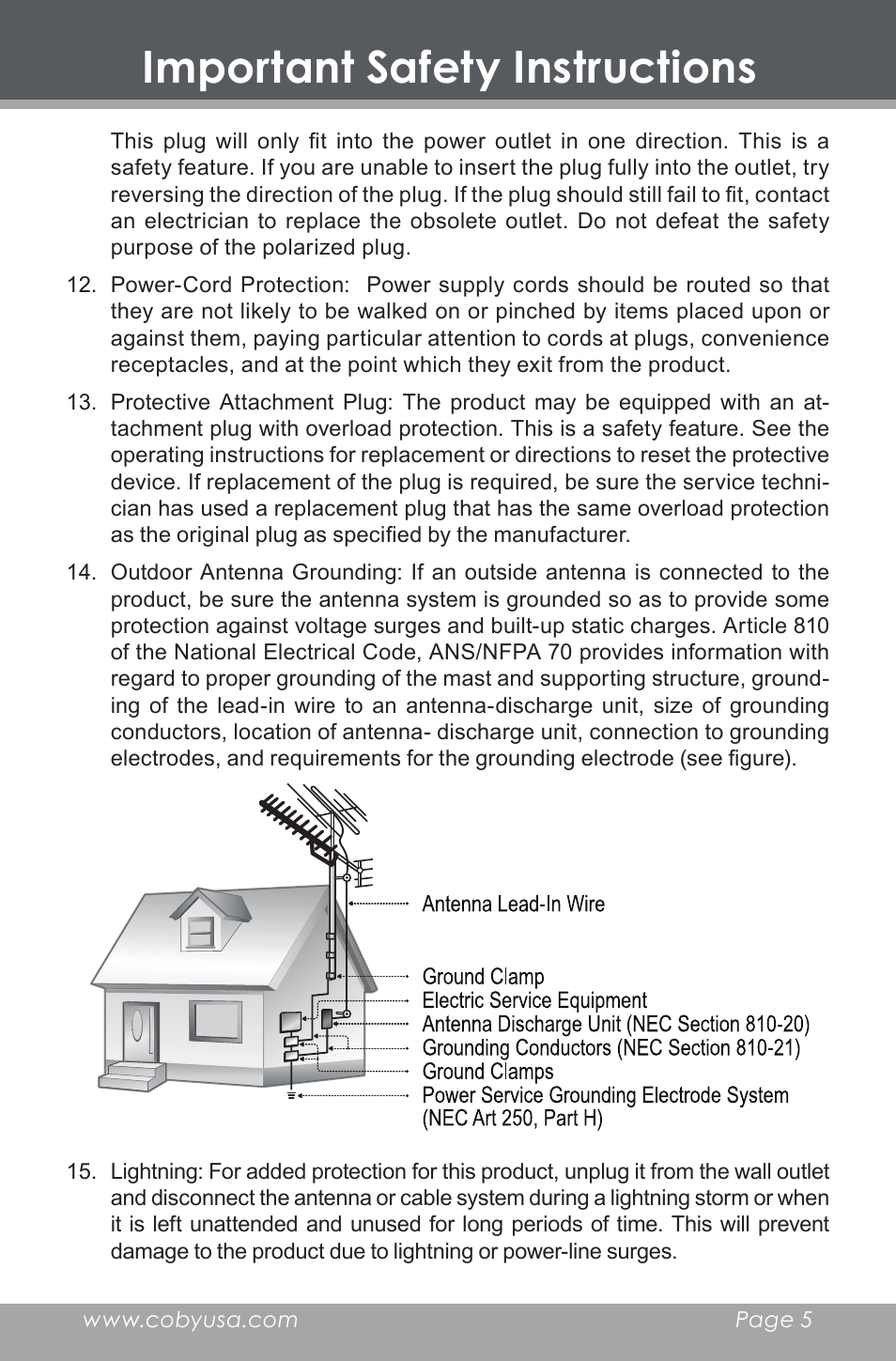 Important safety instructions | COBY electronic HDR-650 User Manual | Page 5 / 28