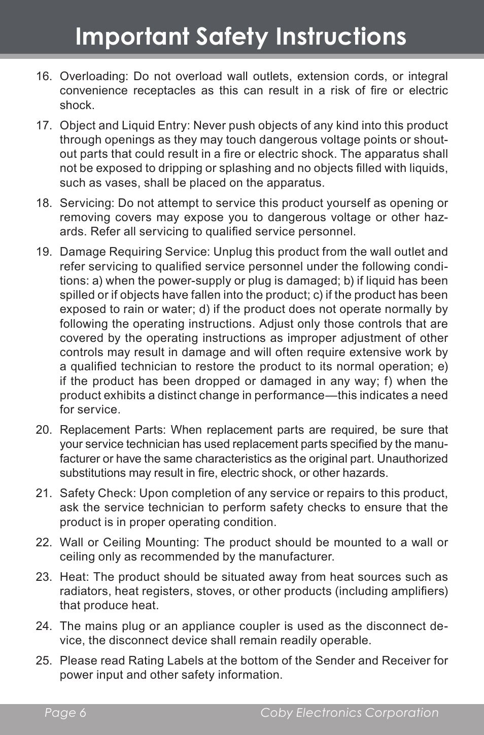 Important safety instructions | COBY electronic HDR-650 User Manual | Page 6 / 28