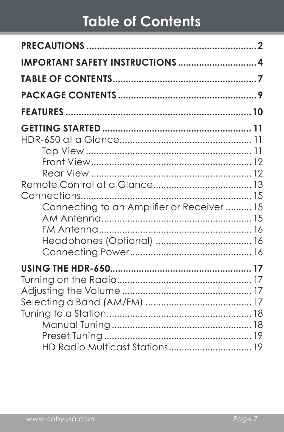 COBY electronic HDR-650 User Manual | Page 7 / 28