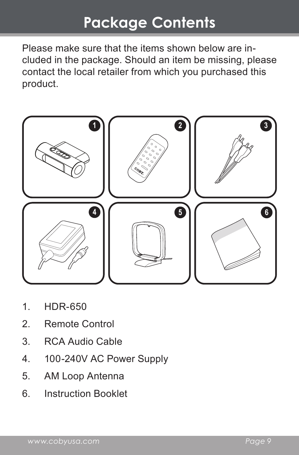 Package contents | COBY electronic HDR-650 User Manual | Page 9 / 28