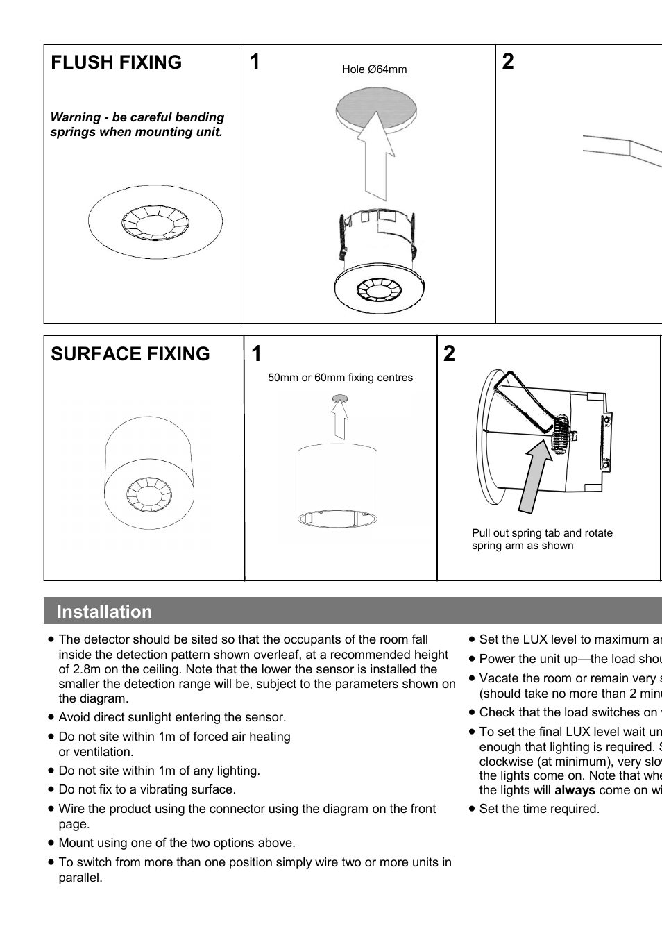 Flush fixing surface fixing, Installation | CP Electronics EBDSPIR-L3 User Manual | Page 2 / 4