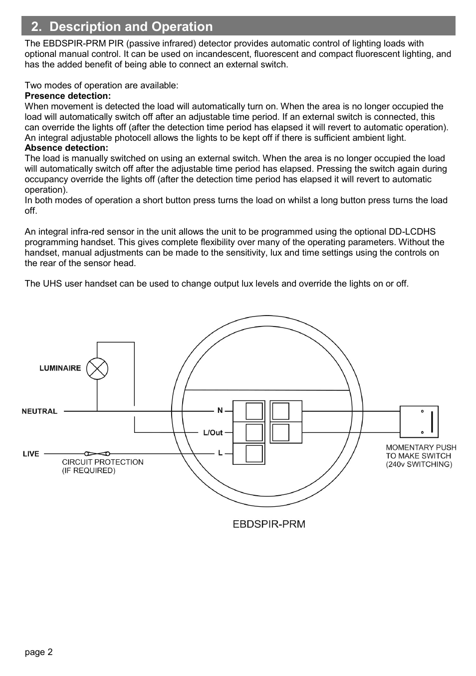 Description and operation | CP Electronics EBDSPIR-PRM User Manual | Page 2 / 8
