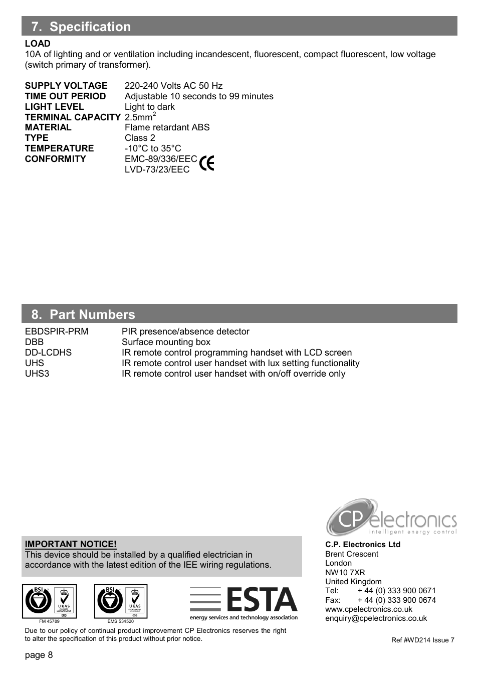 Part numbers 7. specification | CP Electronics EBDSPIR-PRM User Manual | Page 8 / 8
