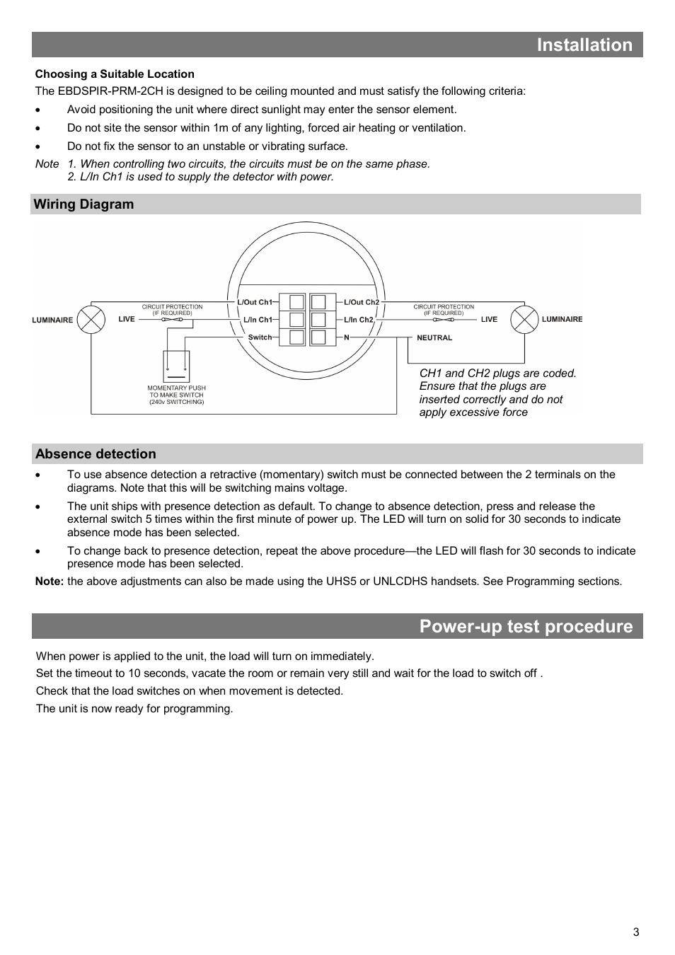 Installation, Power-up test procedure | CP Electronics EBDSPIR-PRM-2CH User Manual | Page 3 / 8