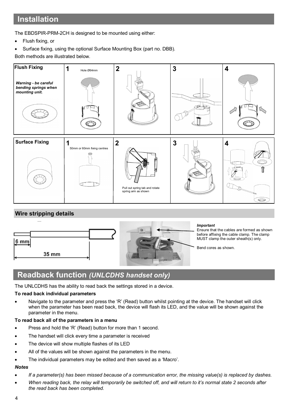 Installation, Readback function, Unlcdhs handset only) | CP Electronics EBDSPIR-PRM-2CH User Manual | Page 4 / 8