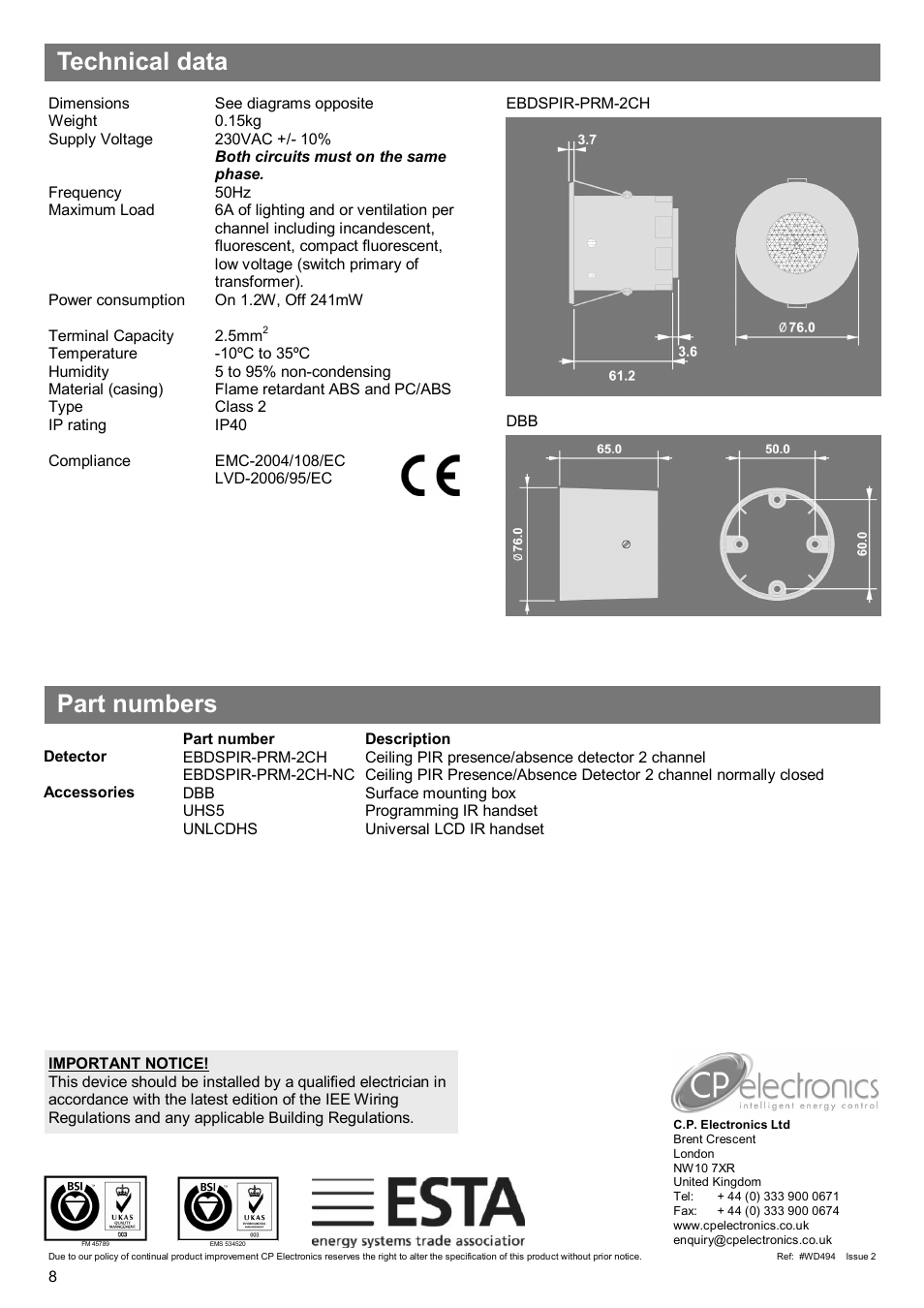 Technical data part numbers | CP Electronics EBDSPIR-PRM-2CH User Manual | Page 8 / 8