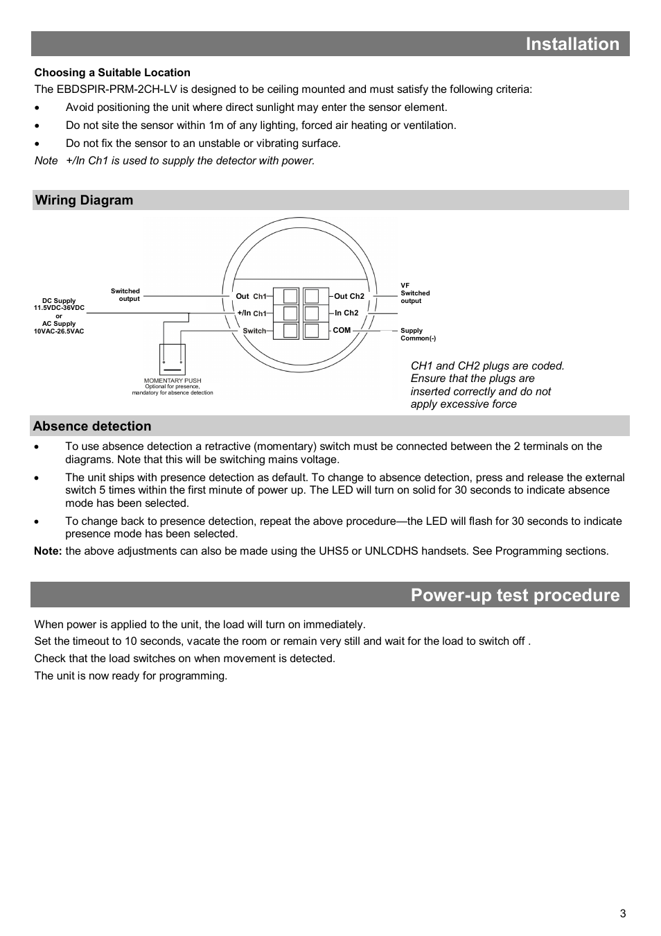 Installation, Power-up test procedure, Wiring diagram absence detection | CP Electronics EBDSPIR-PRM-2CH-LV User Manual | Page 3 / 8