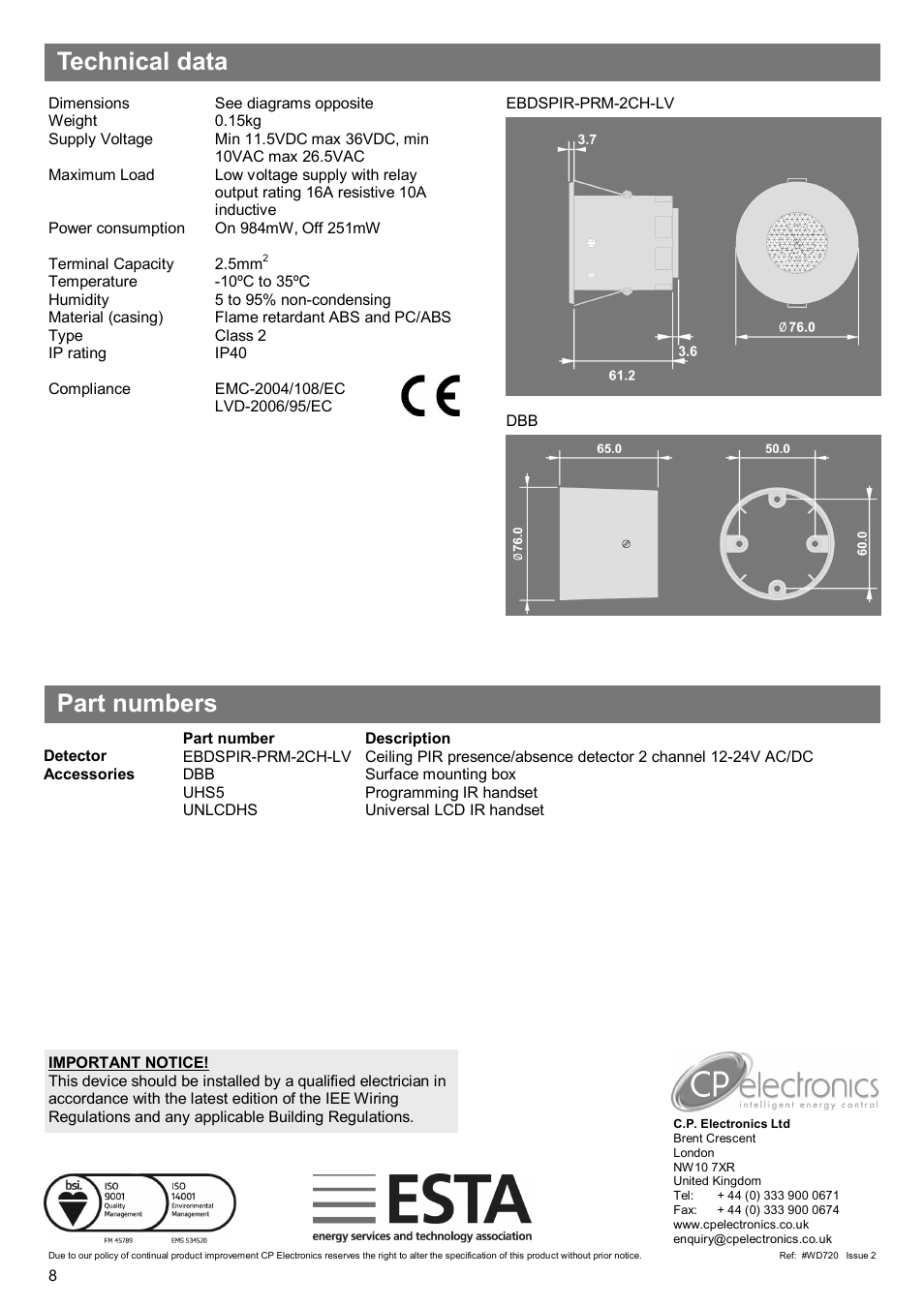 Technical data part numbers | CP Electronics EBDSPIR-PRM-2CH-LV User Manual | Page 8 / 8