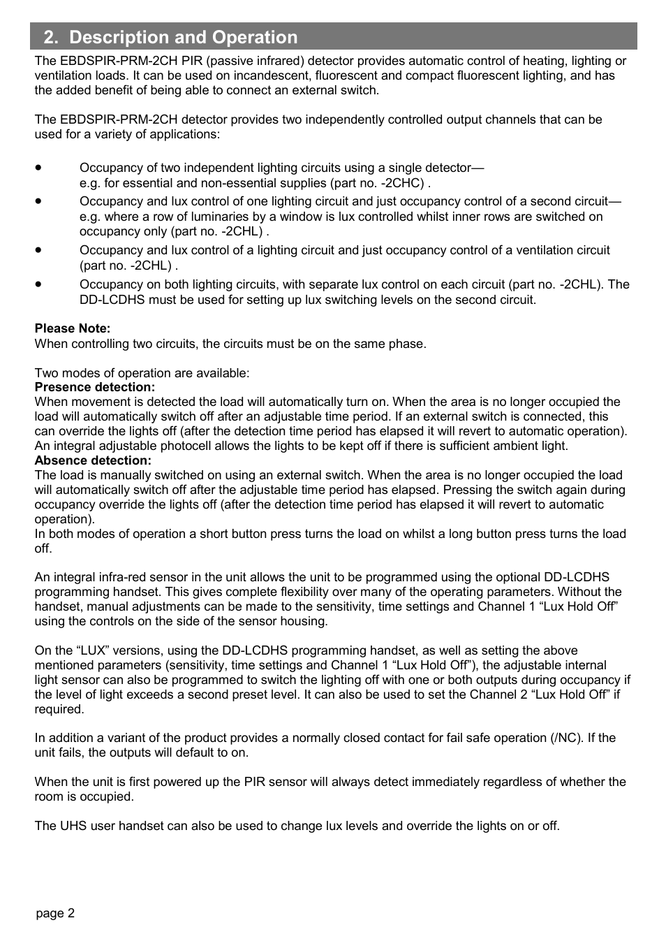 Description and operation | CP Electronics EBDSPIR-PRM-2CHC User Manual | Page 2 / 8